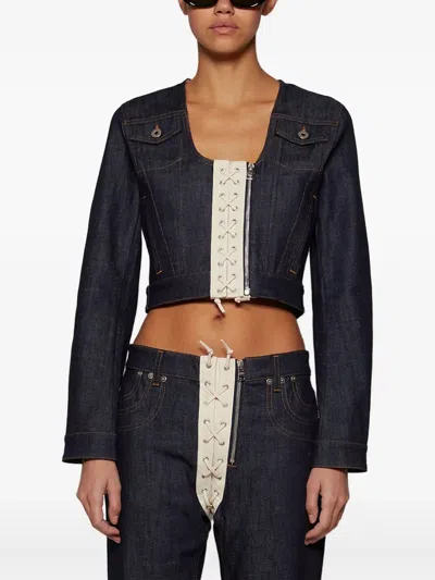 Jean Paul Gaultier Lace-up Cropped Denim Jacket In Blue
