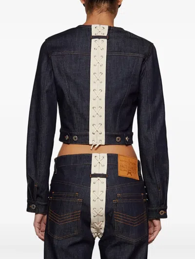 Jean Paul Gaultier Lace-up Cropped Denim Jacket In Blue