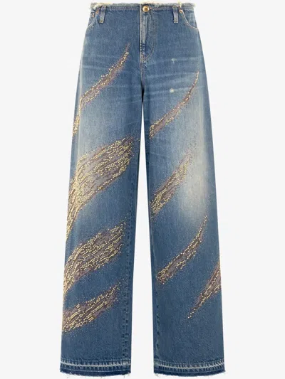 Roberto Cavalli Jeans With Rhinestoned Zebra Pattern In Blue