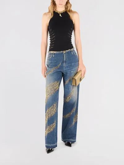 Roberto Cavalli Jeans With Rhinestoned Zebra Pattern In Blue