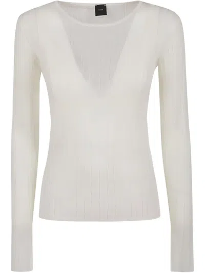 Pinko Long-sleeved Top With Deep V-neckline And Ribbed Texture In White