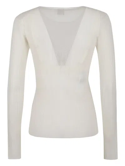 Pinko Long-sleeved Top With Deep V-neckline And Ribbed Texture In White