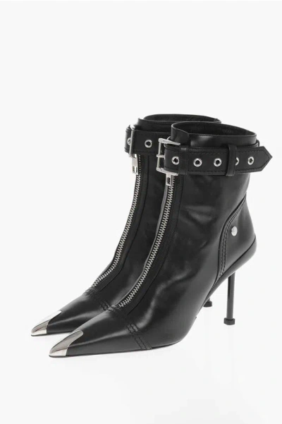 Alexander Mcqueen Front Zipped Leather Booties With Stiletto Heel 10cm