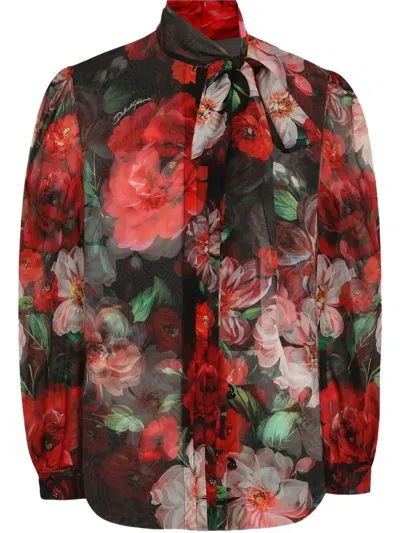 Dolce & Gabbana Shirt With Bow In Chiffon With Floral Print In Black