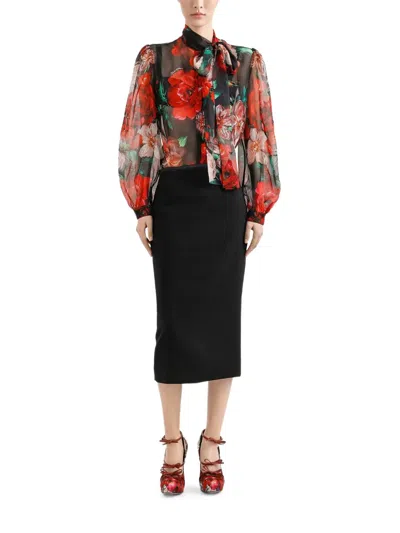 Dolce & Gabbana Shirt With Bow In Chiffon With Floral Print In Black