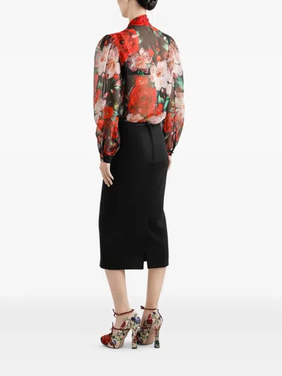 Dolce & Gabbana Shirt With Bow In Chiffon With Floral Print In Black