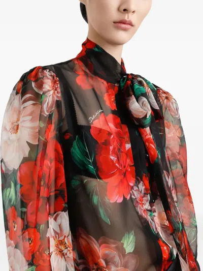 Dolce & Gabbana Shirt With Bow In Chiffon With Floral Print In Black