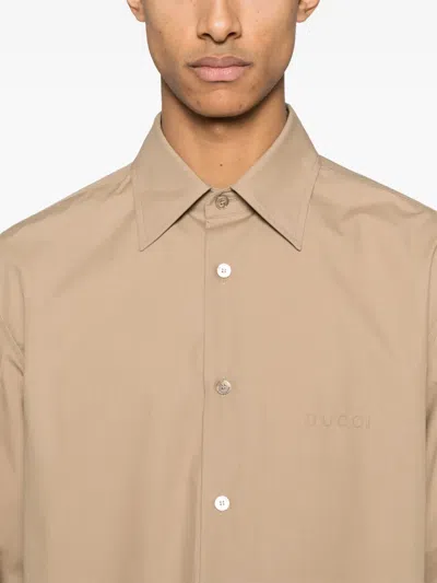 Gucci Beige Shirt With Classic Collar And Tonal Logo Lettering Embroidery On The Front In Cotton Man In Neutral
