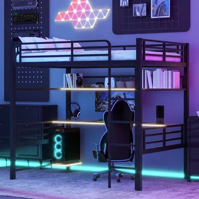 Streamdale Furniture Streamdale Full Size Metal Loft Bed Frame With Storage Shelf And Led Light