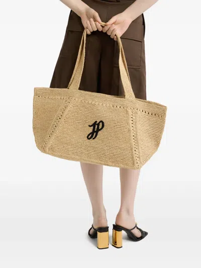 Patou Structured Raffia Tote Bag With Intricate Detailing In Neutrals
