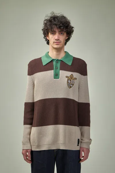 Fendi Knitted Cotton Polo Shirt With Brown And Beige Stripes In Multi