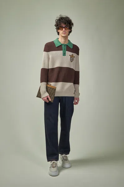 Fendi Knitted Cotton Polo Shirt With Brown And Beige Stripes In Multi