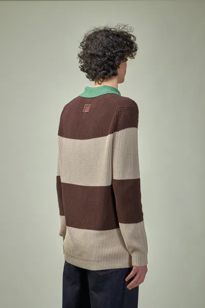 Fendi Knitted Cotton Polo Shirt With Brown And Beige Stripes In Multi