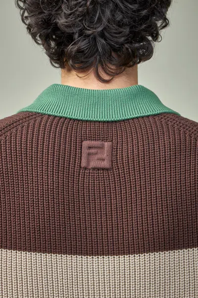 Fendi Knitted Cotton Polo Shirt With Brown And Beige Stripes In Multi