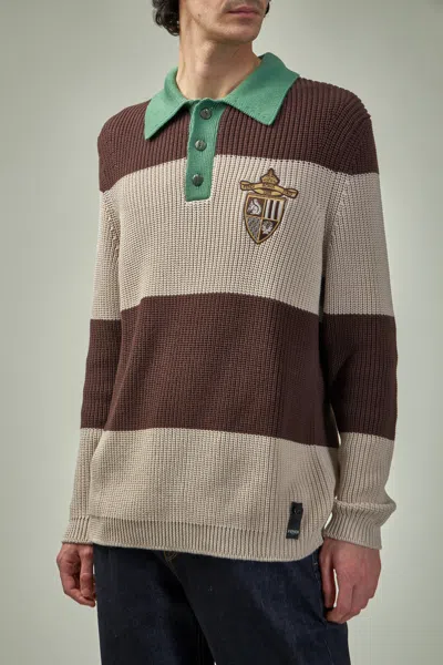 Fendi Knitted Cotton Polo Shirt With Brown And Beige Stripes In Multi