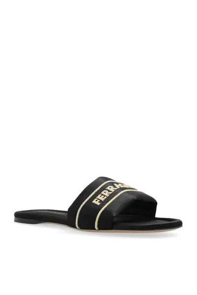 Ferragamo Logo Open Toe Flat Sole Sandal In Black