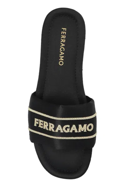 Ferragamo Logo Open Toe Flat Sole Sandal In Black