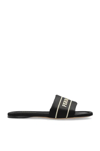 Ferragamo Logo Open Toe Flat Sole Sandal In Black