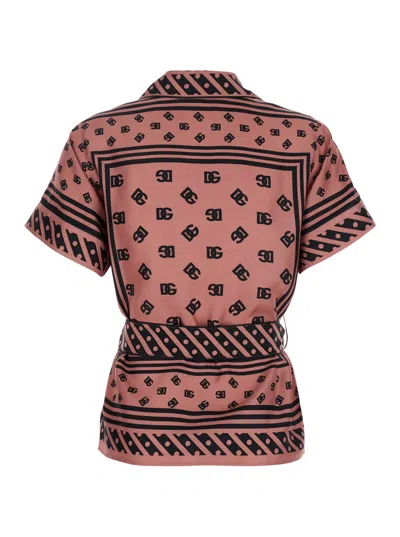 Dolce & Gabbana Silk Shirt With Waist Tie And Logo Pattern In Pink