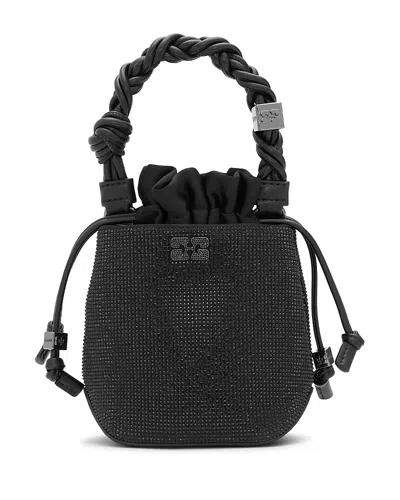 Ganni Bou Braided-handle Crystal-embellished Bucket Bag In Black