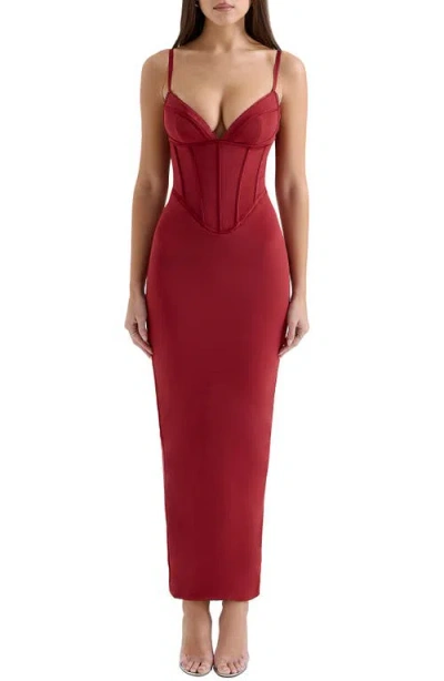 House Of Cb Stefania Underwire Corset Bodice Satin Gown In Red Dahlia