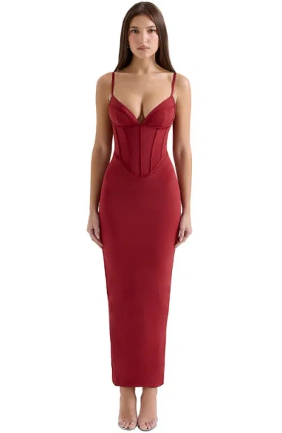 House Of Cb Stefania Underwire Corset Bodice Satin Gown In Red Dahlia