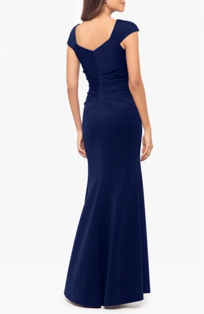 Xscape Evenings Asymmetric Neck Scuba Trumpet Gown In Blue