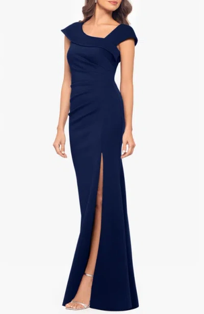 Xscape Evenings Asymmetric Neck Scuba Trumpet Gown In Blue