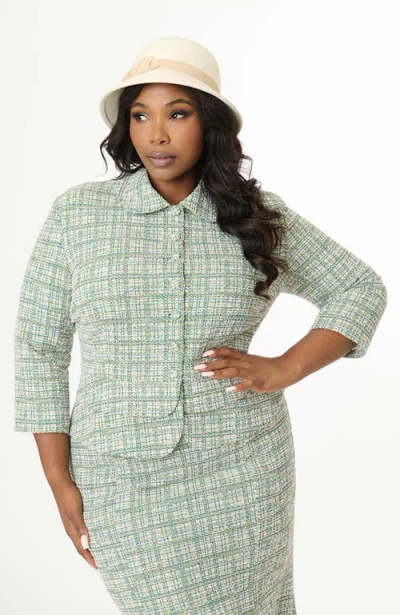 Unique Vintage Plus Size Boucle Peplum Jacket In Green Plaid
