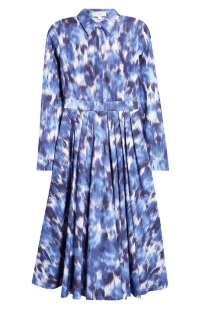 Michael Kors Collection Watercolor Floral Long Sleeve Cotton Poplin Midi Shirtdress In Riviera/optic White