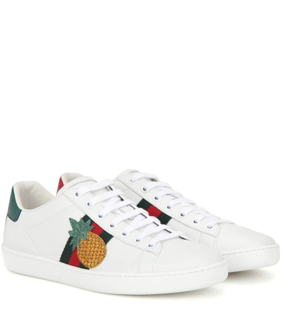 Gucci New Ace Pineapple-embellished Leather Trainers In White | ModeSens