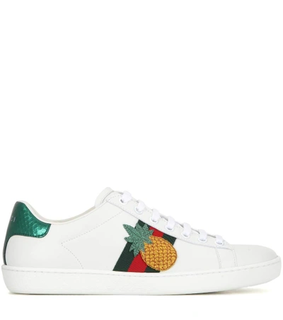Shop Gucci Metallic Snakeskin-trimmed Leather Sneakers