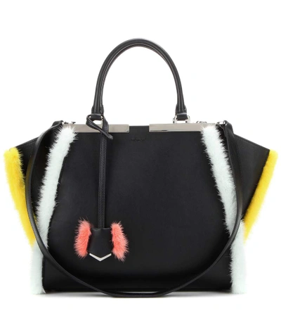 Fendi 3jours Small Mink-fur Trimmed Leather Tote In Black/yellow