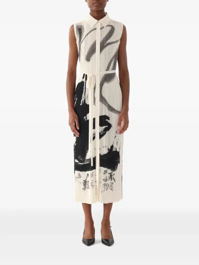Jason Wu Collection Pleated Sleeveless Maxi Shirtdress With Artwork By Tong In White