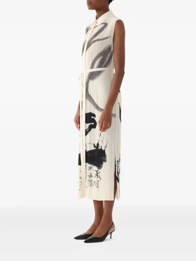 Jason Wu Collection Pleated Sleeveless Maxi Shirtdress With Artwork By Tong In White