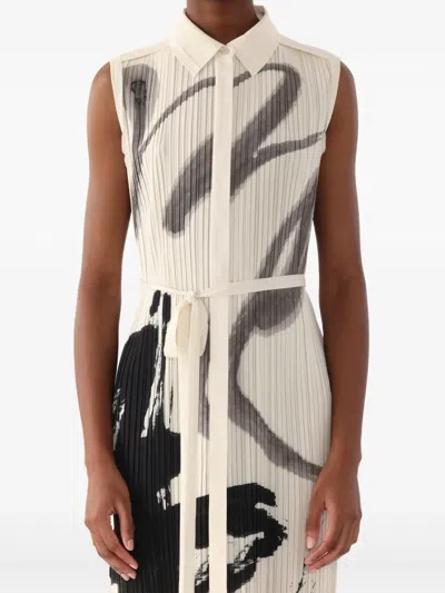 Jason Wu Collection Pleated Sleeveless Maxi Shirtdress With Artwork By Tong In White