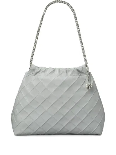 Tory Burch 'fleming' Grey Diamond Quilted Shoulder Bag With Chain-link Handles In Leather Woman In Grey