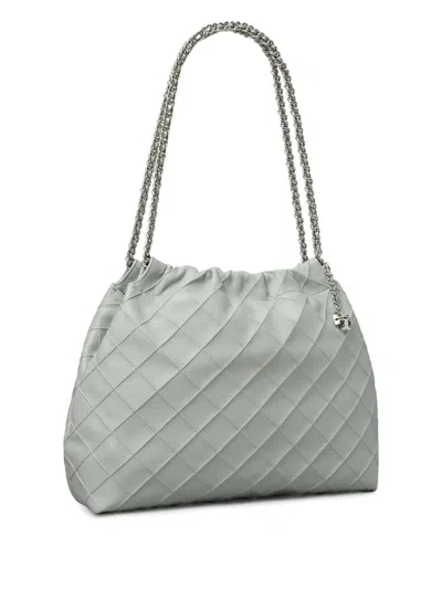 Tory Burch 'fleming' Grey Diamond Quilted Shoulder Bag With Chain-link Handles In Leather Woman In Grey