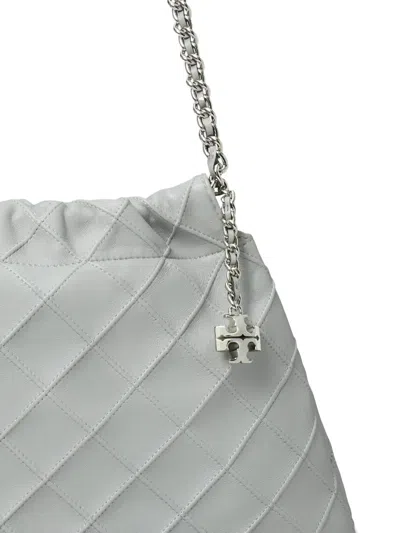 Tory Burch 'fleming' Grey Diamond Quilted Shoulder Bag With Chain-link Handles In Leather Woman In Grey