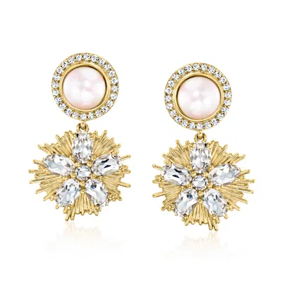 Ross-simons 7.5-8mm Cultured Pearl And White Topaz Drop Earrings In 18kt Gold Over Sterling In White
