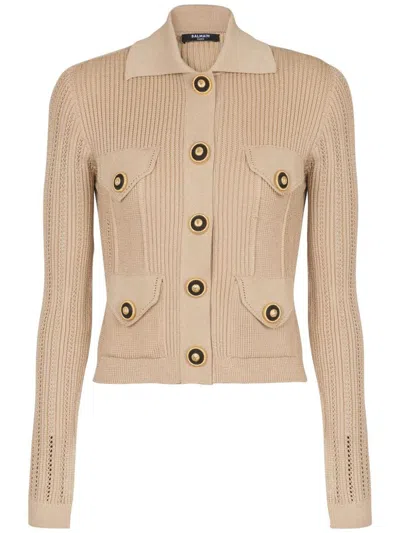 Balmain Ribbed Knit Cropped Cardigan In Brown