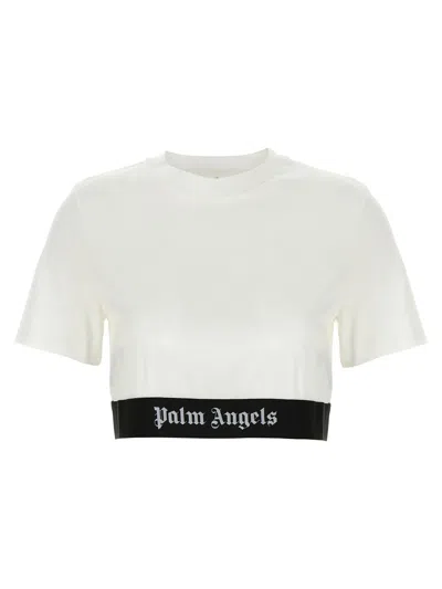 Palm Angels White Cropped T-shirt With Jacquard Logo In Cotton Woman In Multicolor