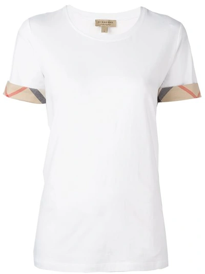 Shop Burberry Check Cuff Stretch Cotton T-shirt - White