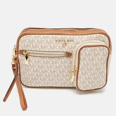 Pre-owned Michael Kors Beige/brown Signatur Canvas Jet Set Travel Wristlet Pouch