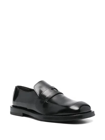 Moschino Leather Square Toe Loafers With Stacked Heel In Black