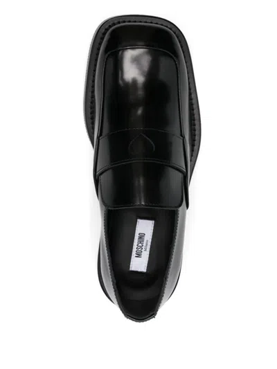 Moschino Leather Square Toe Loafers With Stacked Heel In Black