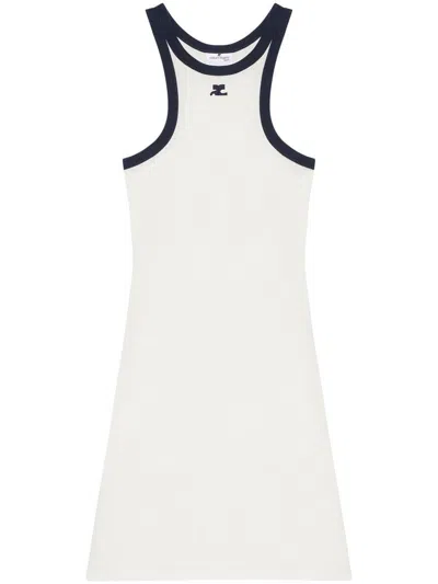 Courrèges White Cotton Mini Dress With Navy Blue Details And Halter Neck In White
