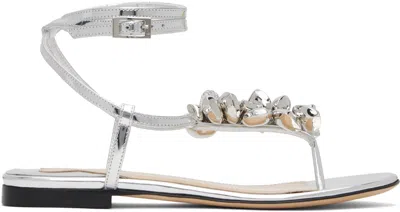 Mach&mach Silver Puffy Heart Mirror Leather Thong Sandals In Silver
