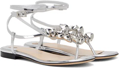 Mach&mach Silver Puffy Heart Mirror Leather Thong Sandals In Silver