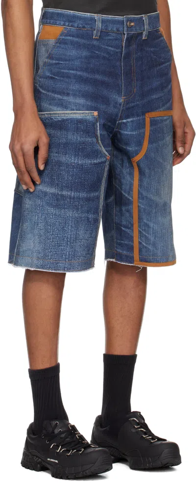 Andersson Bell Navy Trompe L'oeil Double Knee Denim Shorts In Blue